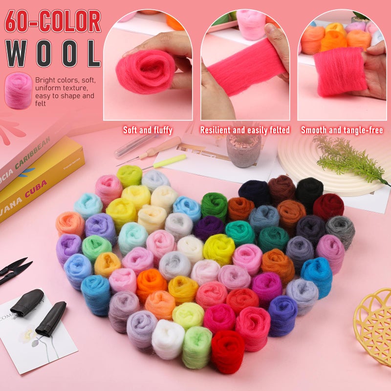 JUPEAN Needle Felting Kits, 60 Colors Wool Roving, Wool Felting Kit with Felting Needles, Foam Mat, Needle Felting Supplies - Image 3